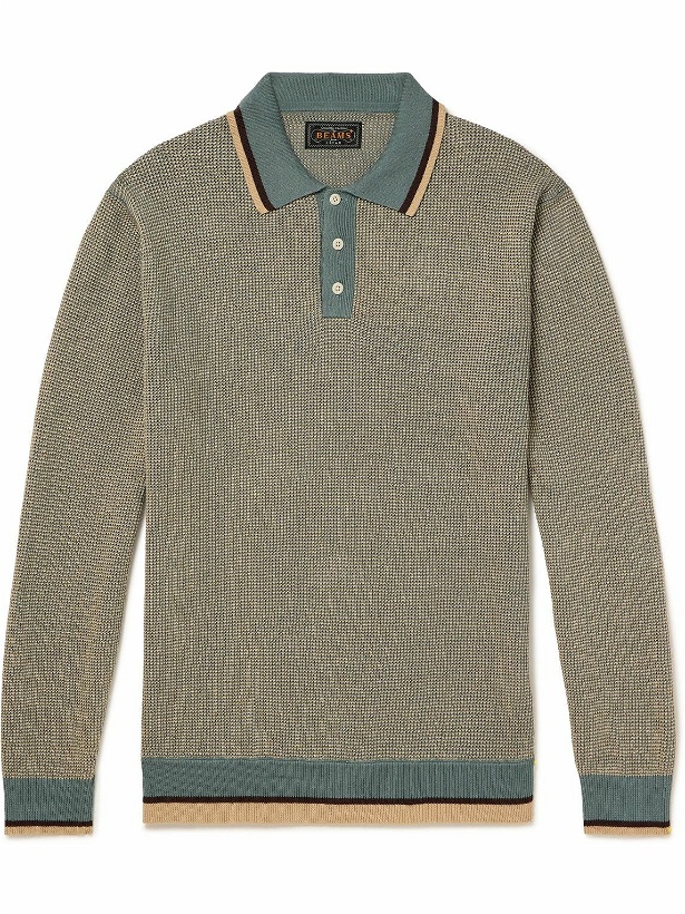 Photo: Beams Plus - Honeycombed-Knit Striped Ramie and Cotton-Blend Polo Shirt - Green