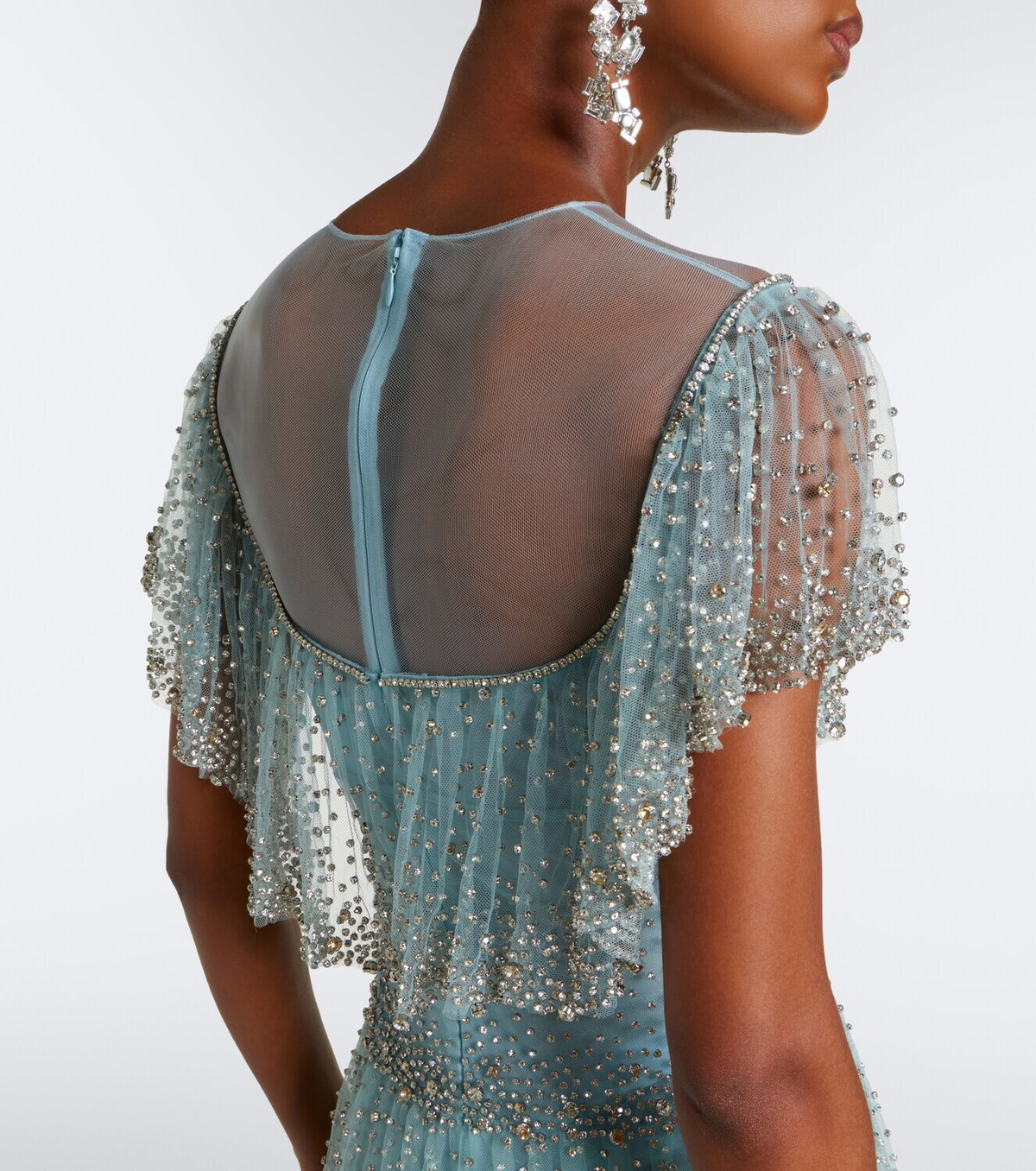 Costarellos Crystal-embellished tiered mesh gown