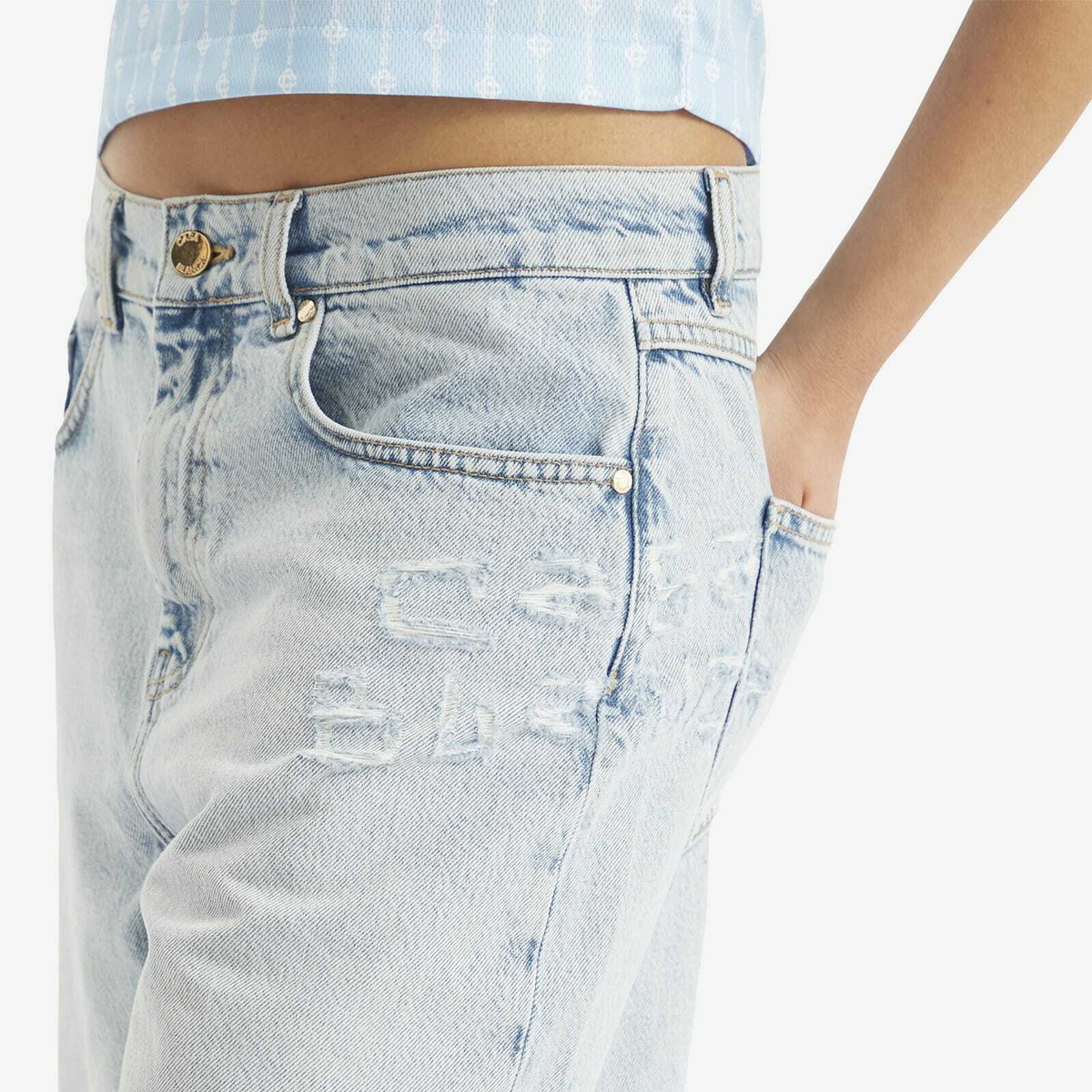 Casablanca Women's Graffiti Denim Shorts in Mid Wash
