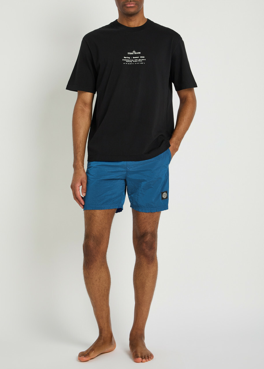 Stone Island Logo Crinkled Nylon Swim Shorts Blue