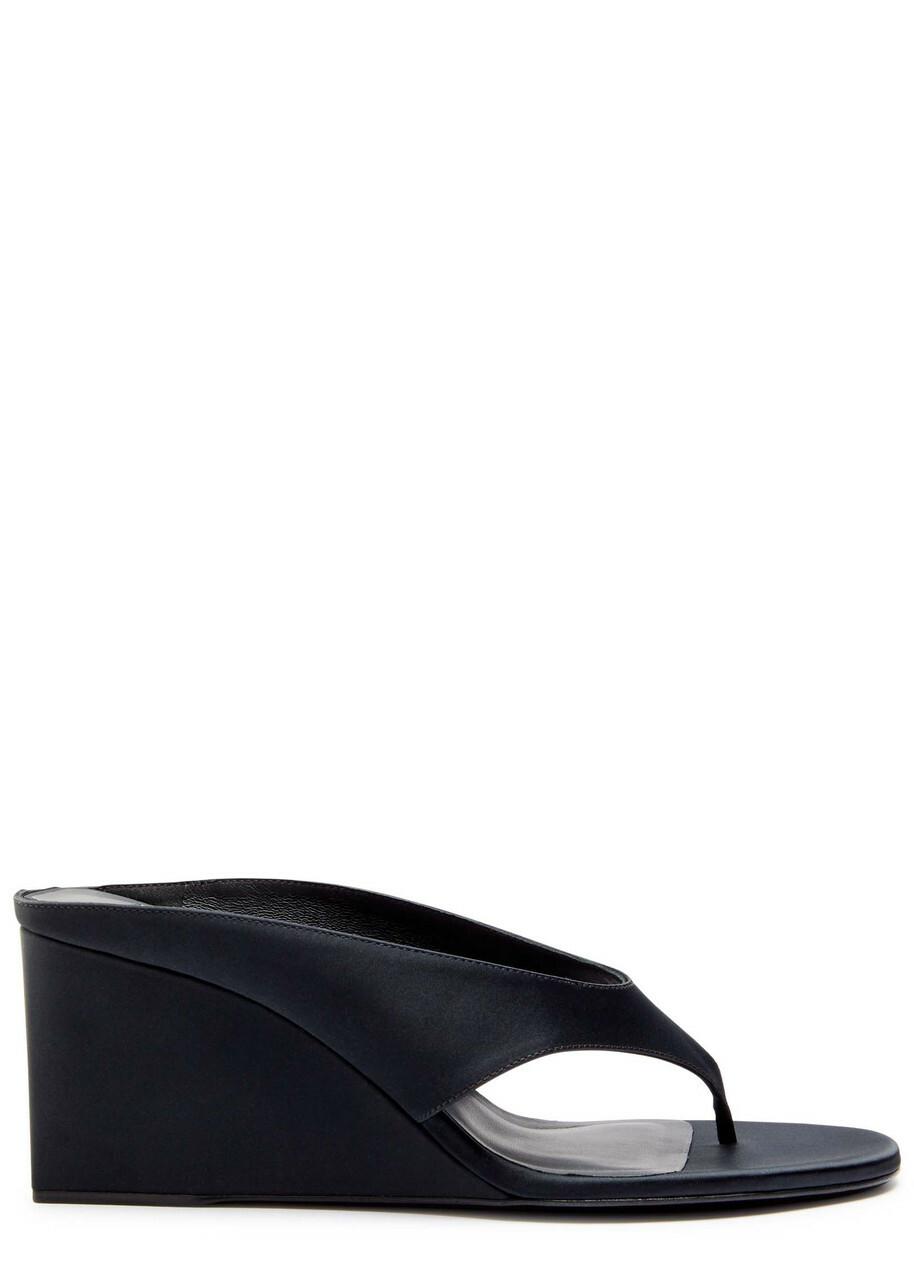 Alaïa Cube 75 Satin Thong Wedge Mules Black