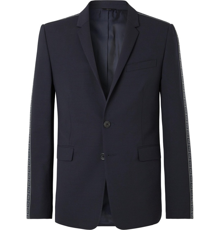 Photo: Fendi - Navy Logo Jacquard-Trimmed Stretch-Virgin Wool Suit Jacket - Blue