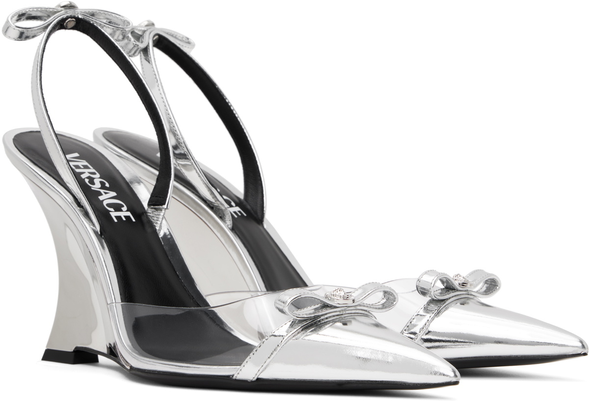 Versace Silver Gianni Ribbon Metallic Wedge 95mm Heels
