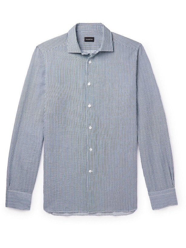 Photo: Zegna - Striped Cotton and Linen-Blend Seersucker Shirts - Blue