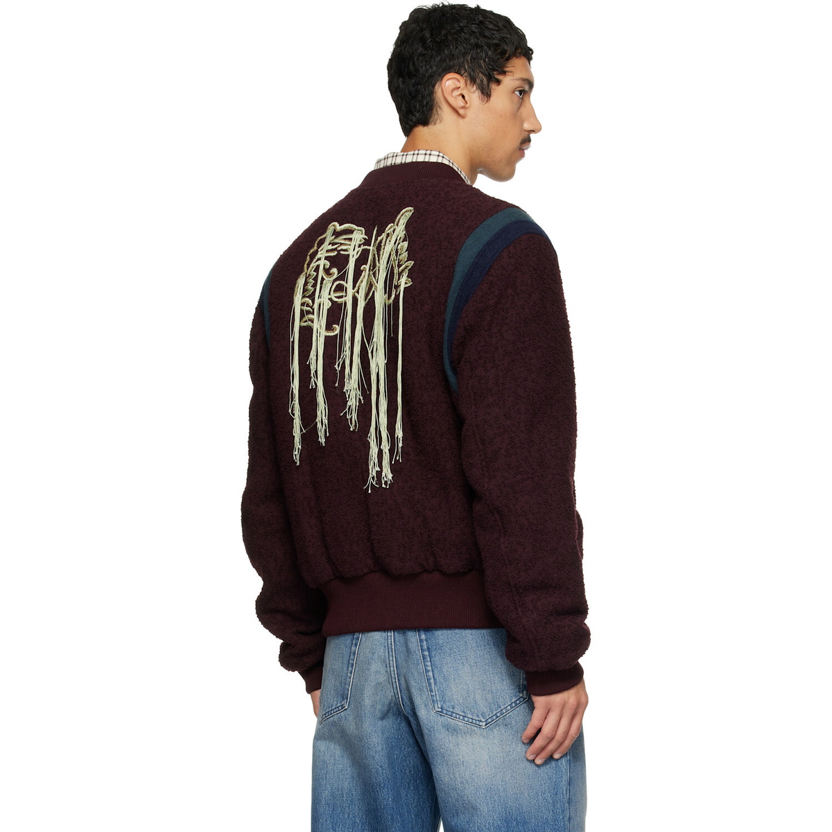 Dries Van Noten Burgundy Fringe Bomber Jacket