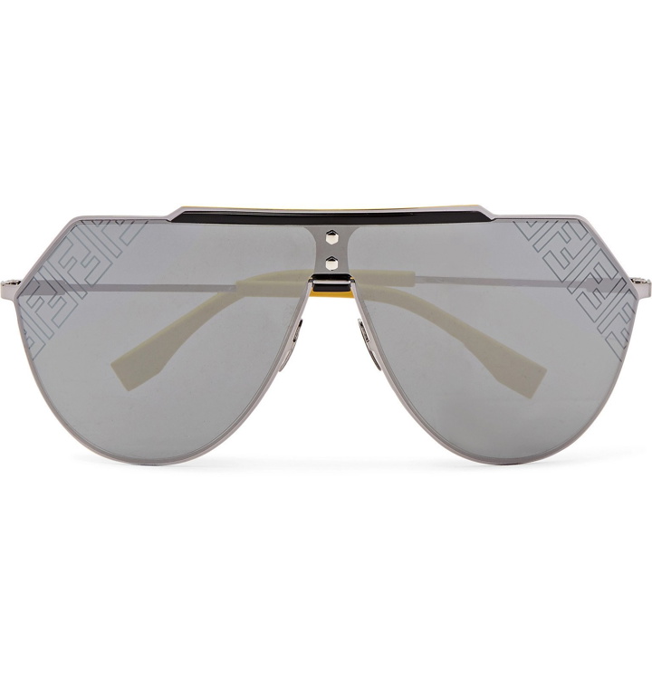 Photo: Fendi - D-Frame Logo-Print Silver-Tone Mirrored Sunglasses - Silver