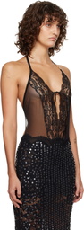 Versace Black Embroidered Lace-Trim Bodysuit