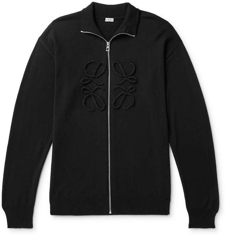 Photo: Loewe - Logo-Embroidered Zip-Up Wool and Cashmere-Blend Sweater - Black