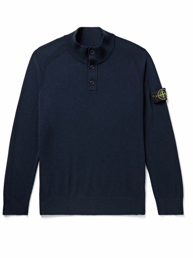 Photo: Stone Island - Logo-Appliquéd Virgin Wool Half-Placket Sweater - Blue