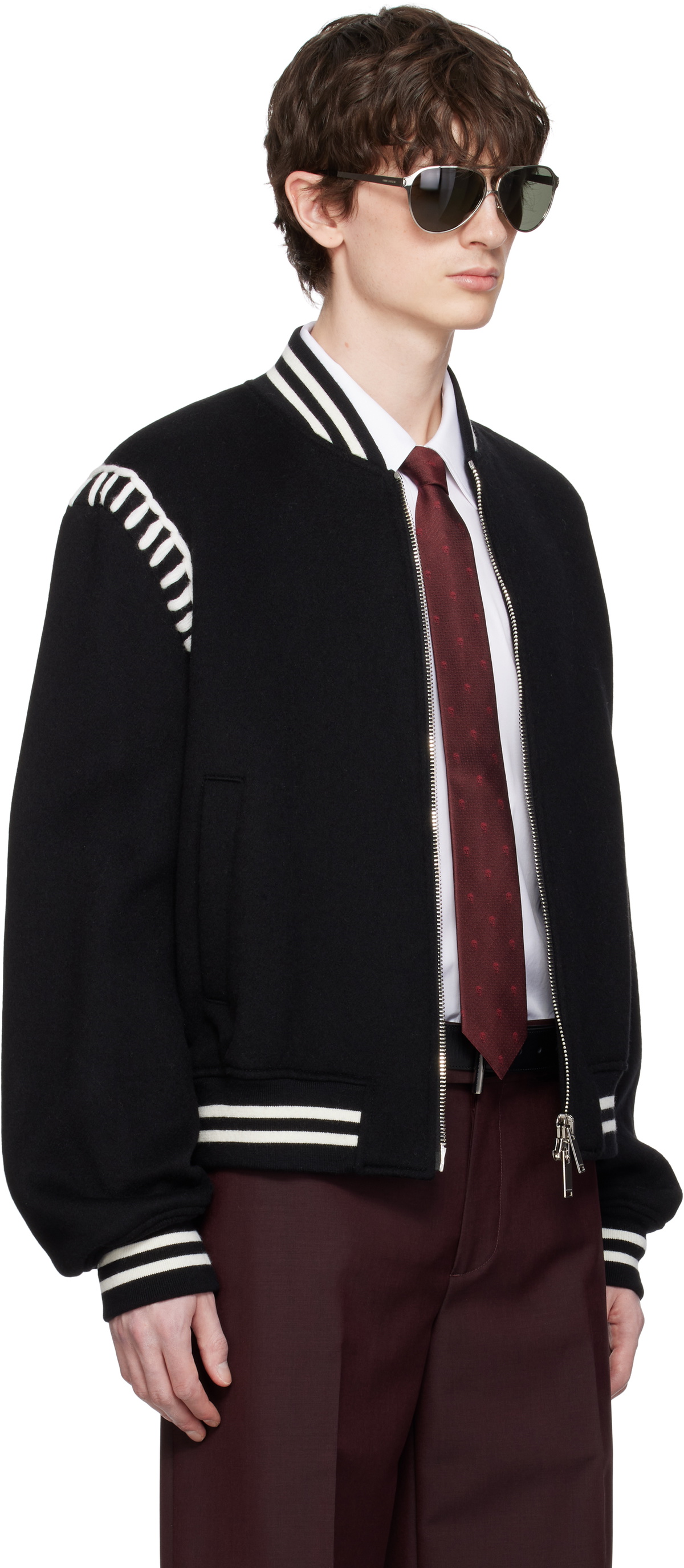 McQueen Black Felt Blanket Stitch Bomber Jacket