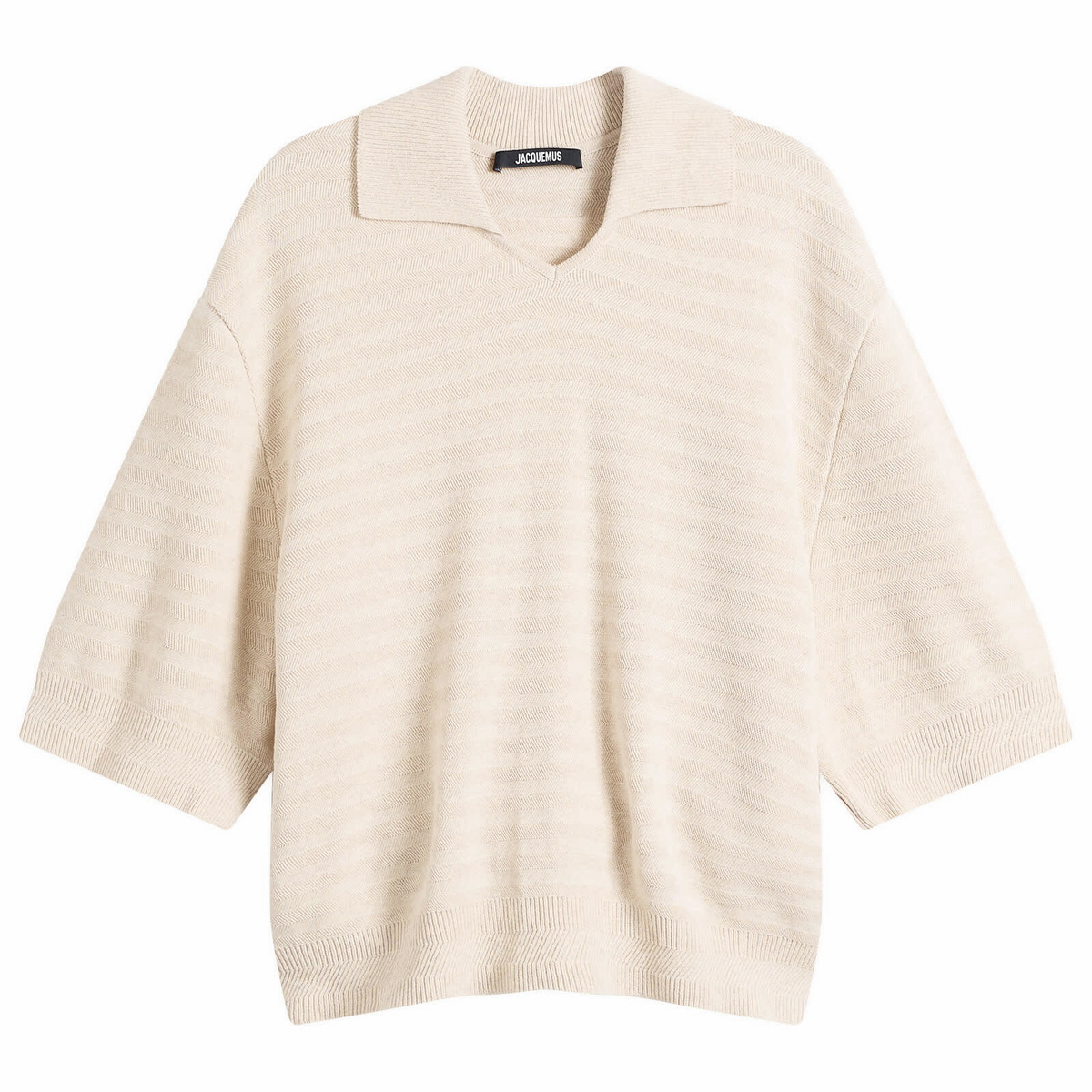 Jacquemus Men's Chevron Cotton Silk Knit Polo Shirt in Light Beige