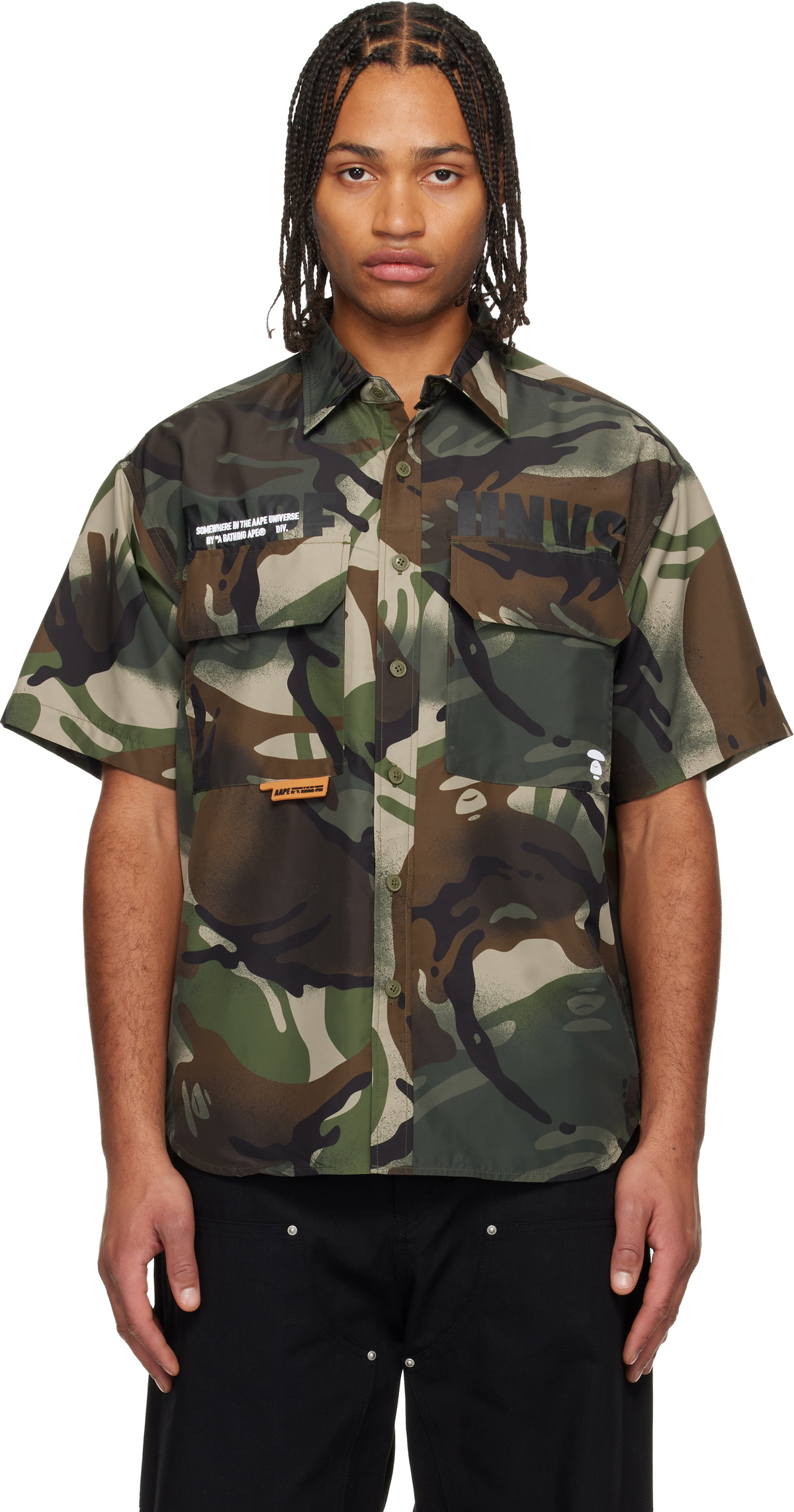 AAPE by A Bathing Ape Khaki 'AAPEUNVS' Moonface Logo Cargo Shirt