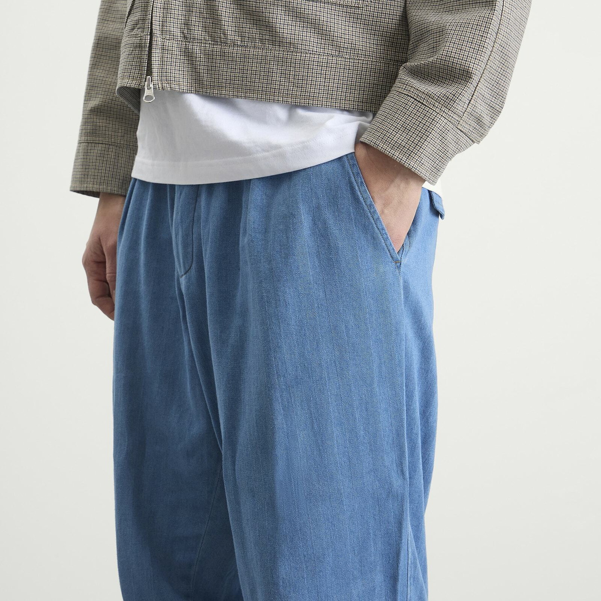 Universal Works Men's Herringbone Rec. Pleated Track Pant in Washed Indigo