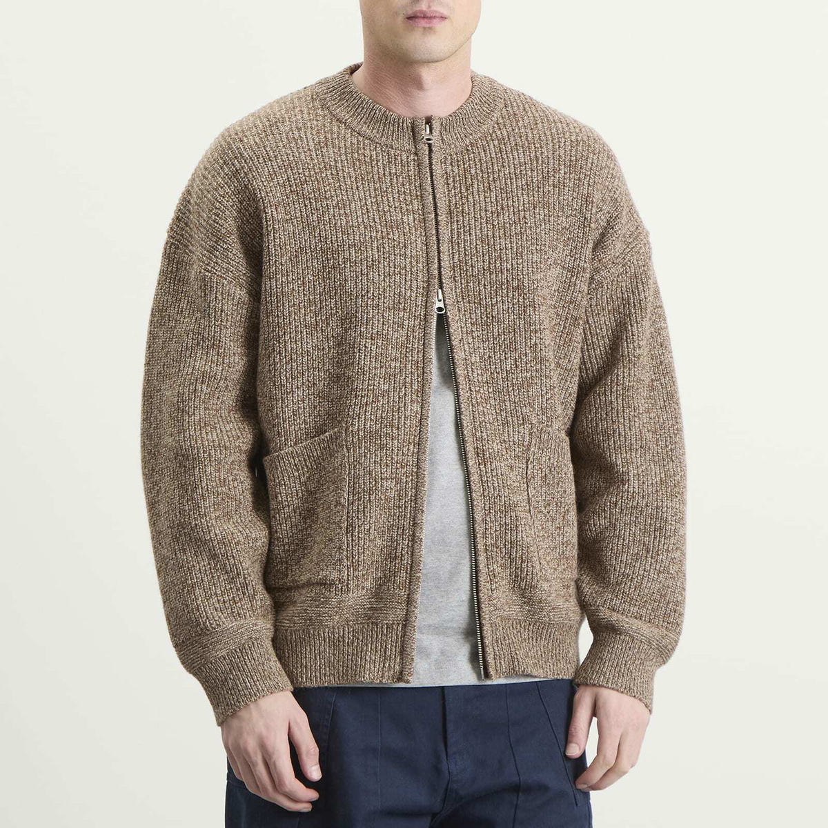 FrizmWORKS Men's Tweed Wool Deck Zip Cardigan in Brown