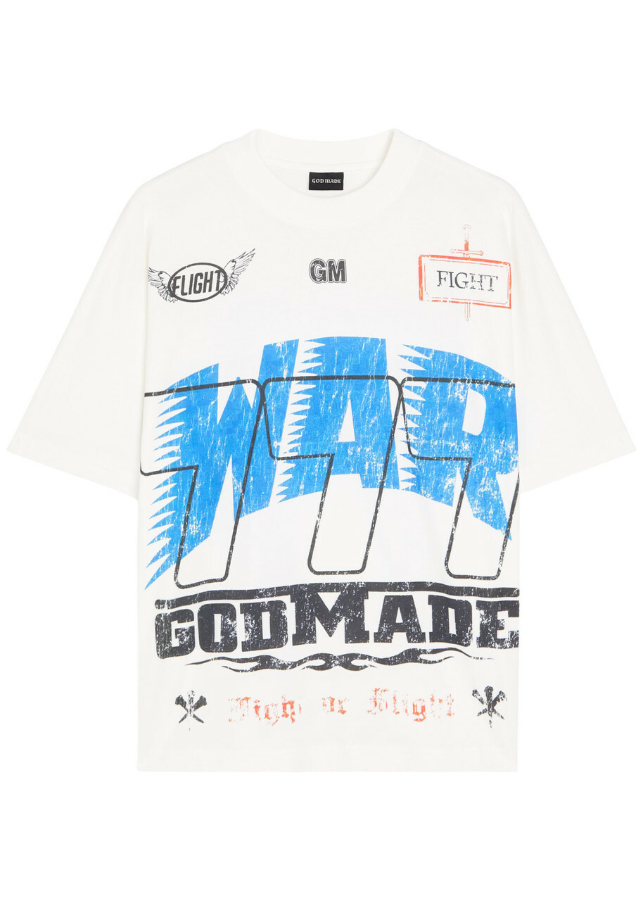 God Made War Printed Cotton T-shirt Off White