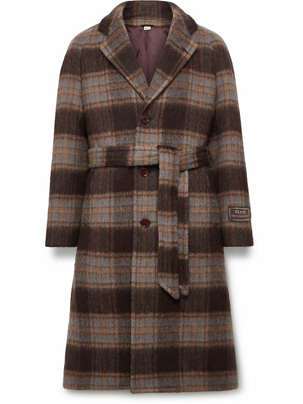 Photo: GUCCI - Belted Checked Brushed Wool Coat - Brown