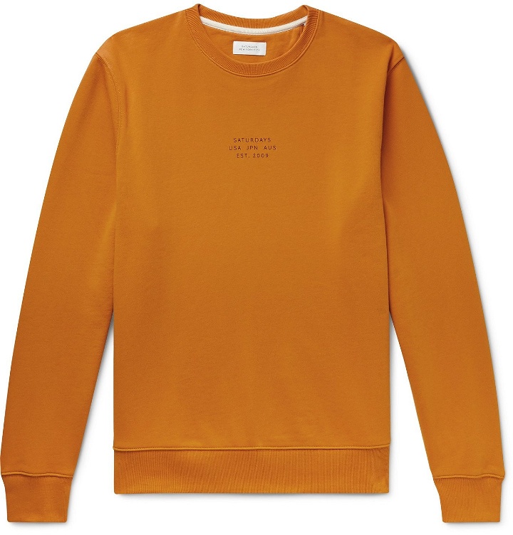 Photo: Saturdays NYC - Bowery United Logo-Print Cotton-Jersey Sweatshirt - Orange