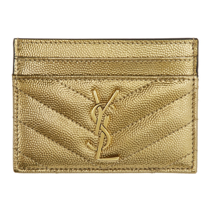 Yves Saint Laurent Monogram Card Case Grain Embossed Leather Pale Pink Gold  YSL 