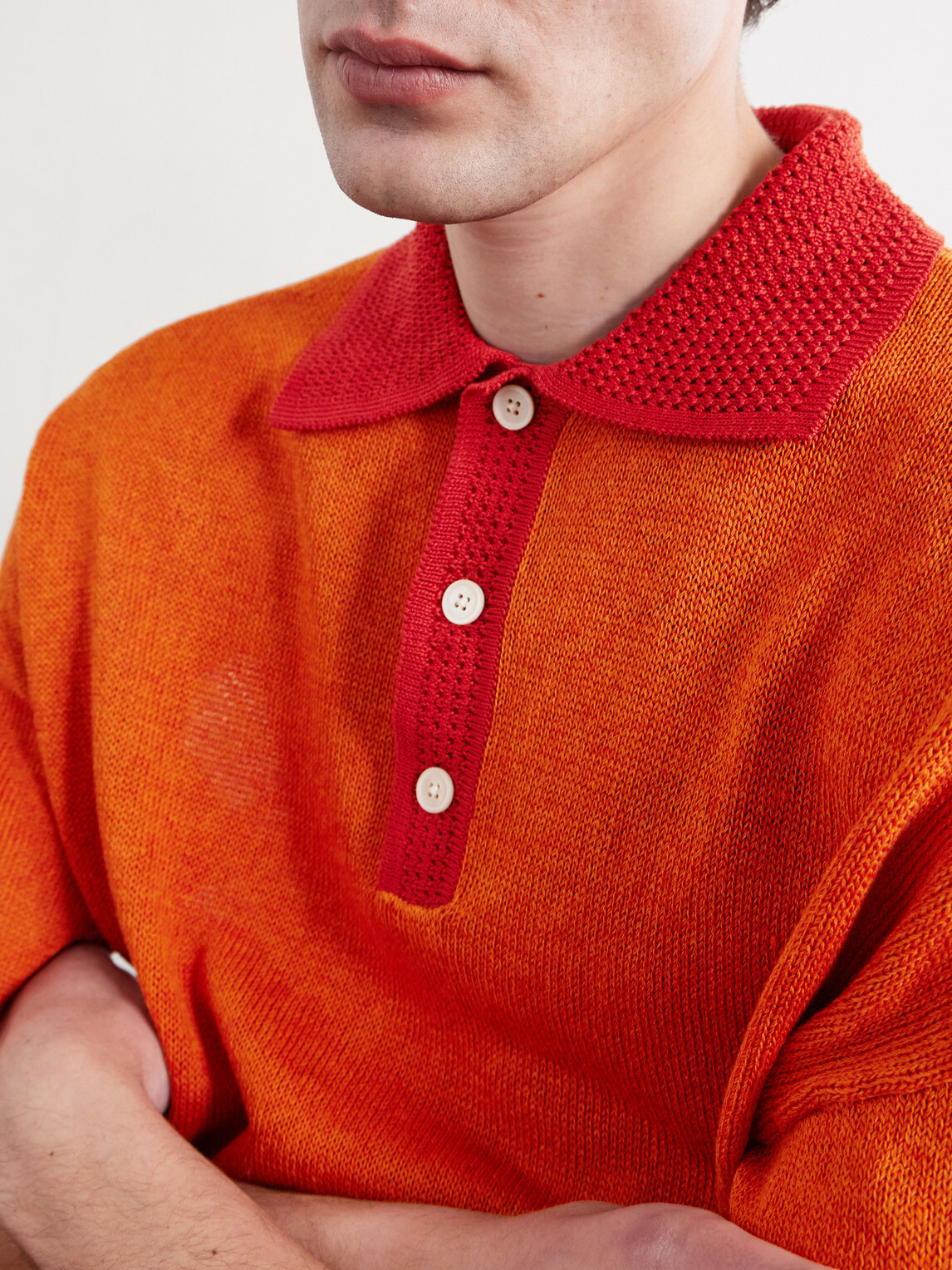 A Kind Of Guise - Open-Knit Organic Cotton and Linen-Blend Polo Shirt - Orange