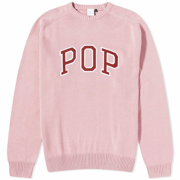 Photo: Pop Trading Company Men's Arch Logo Crew Knit in Mesa Rose/Fired Brick
