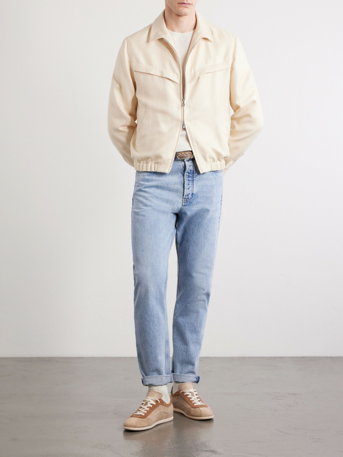Brunello Cucinelli - Herringbone Wool, Silk and Linen-Blend Blouson Jacket - Neutrals