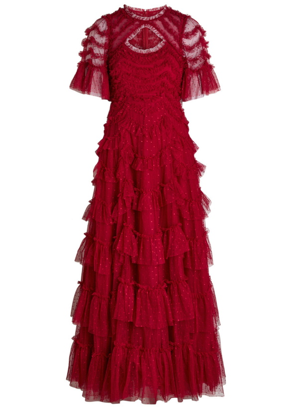 Photo: Needle & Thread Aviana Ruffled Embroidered Tulle Gown Red