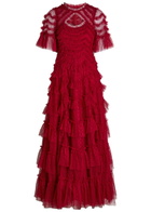 Needle & Thread Aviana Ruffled Embroidered Tulle Gown Red
