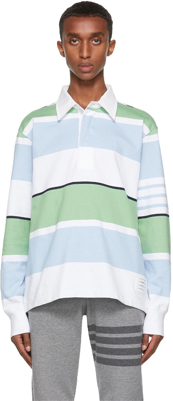 Photo: Thom Browne White & Blue Engineered 4-Bar Rugby Long Sleeve Polo