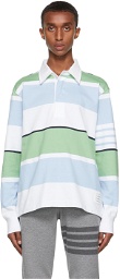 Thom Browne White & Blue Engineered 4-Bar Rugby Long Sleeve Polo