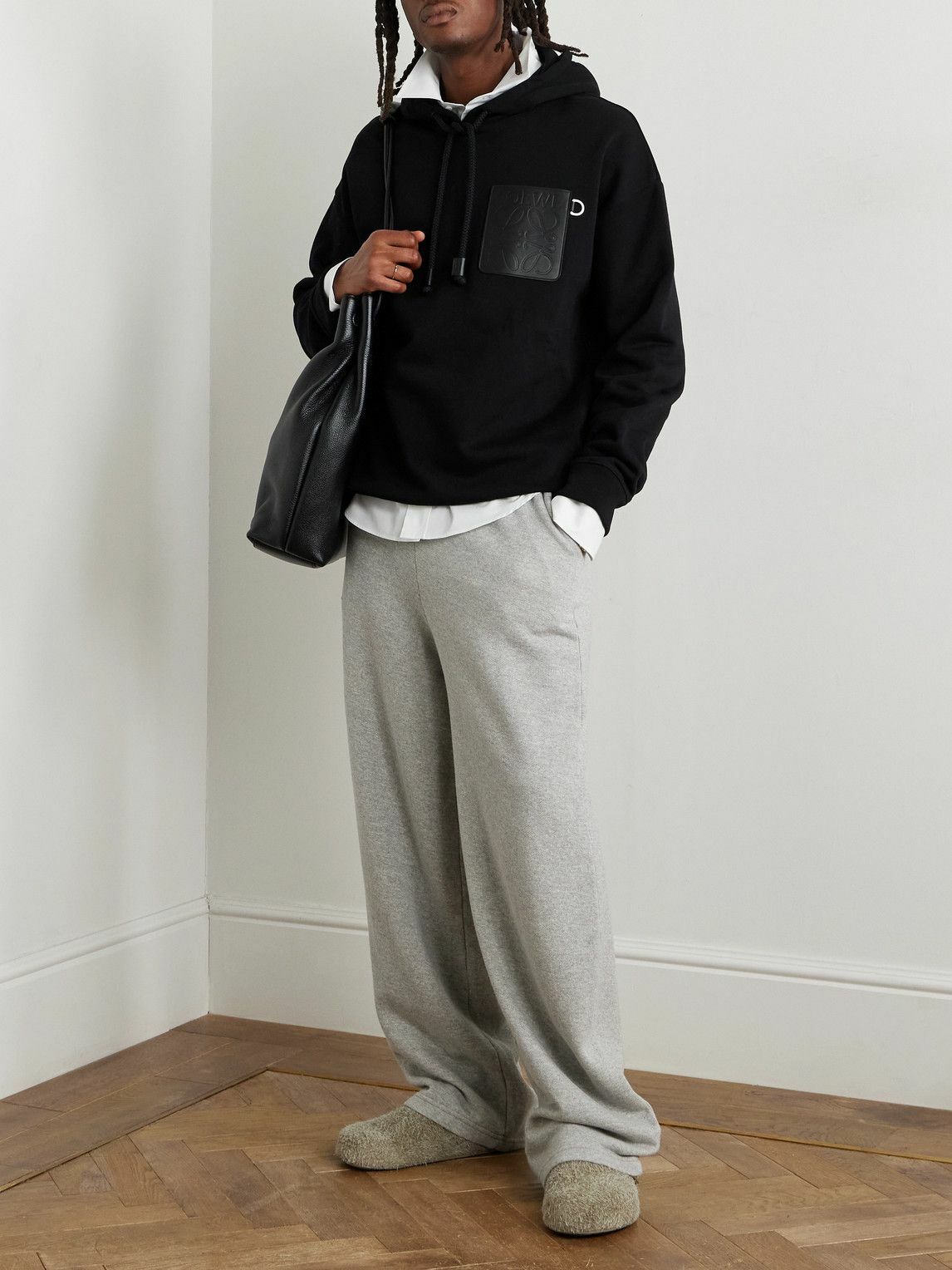 LOEWE - Logo-Debossed Leather-Trimmed Cotton-Jersey Hoodie - Black