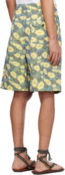 Marni Green & Yellow Linen Blend Blurry Floral Print Shorts