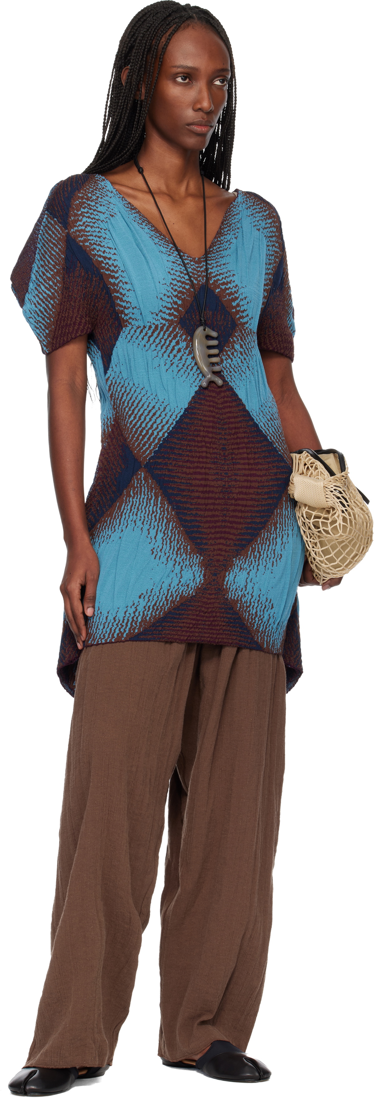 Kiko Kostadinov Brown & Blue Ikat Argyle Jacquard Minidress