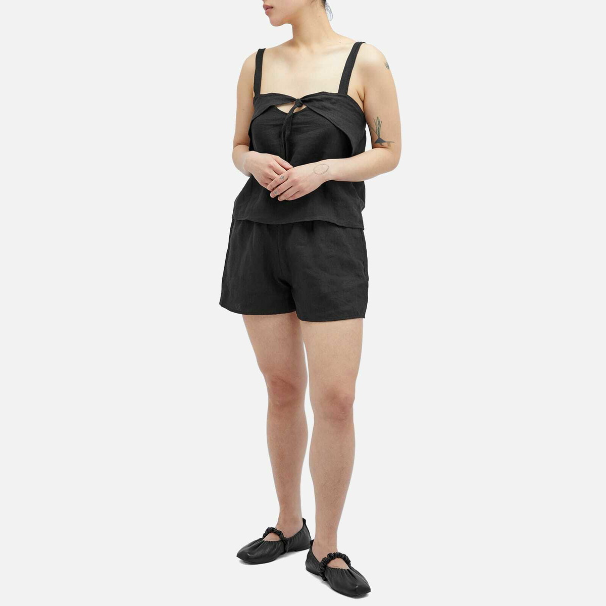 Deiji Studios Women's Linen Tie Front Set in Black