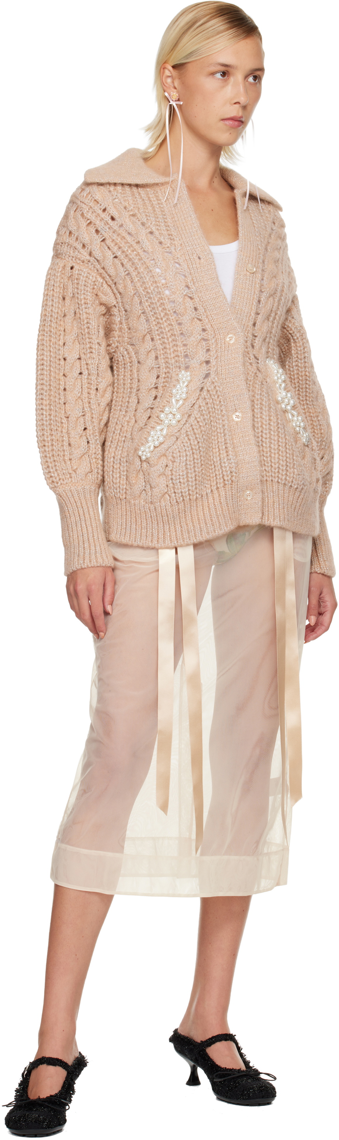 Simone Rocha Beige Sheer Bow Ribbon Pencil Midi Skirt Simone Rocha