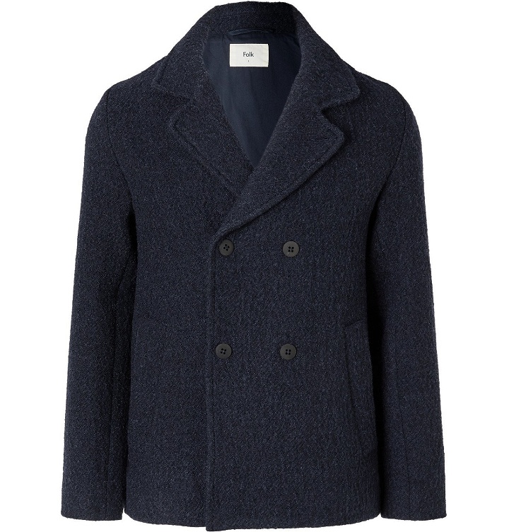 Photo: Folk - Double-Breasted Brushed Wool and Cotton-Blend Peacoat - Blue