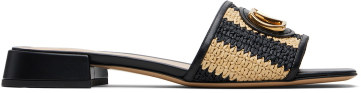Photo: Valentino Garavani Black & Off-White VLogo Signature Faux-Raffia Slides