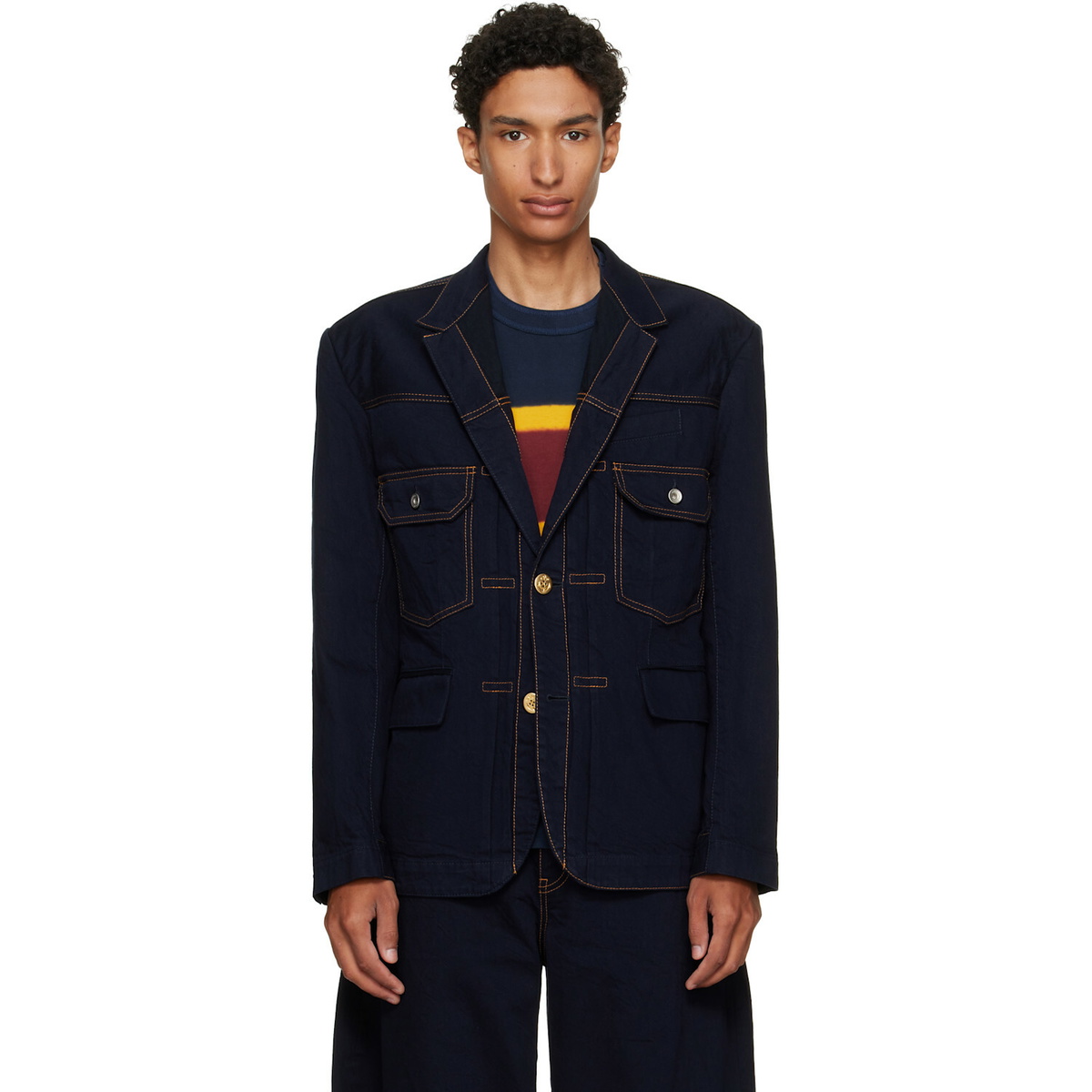 sacai Navy Notched Lapel Denim Blazer