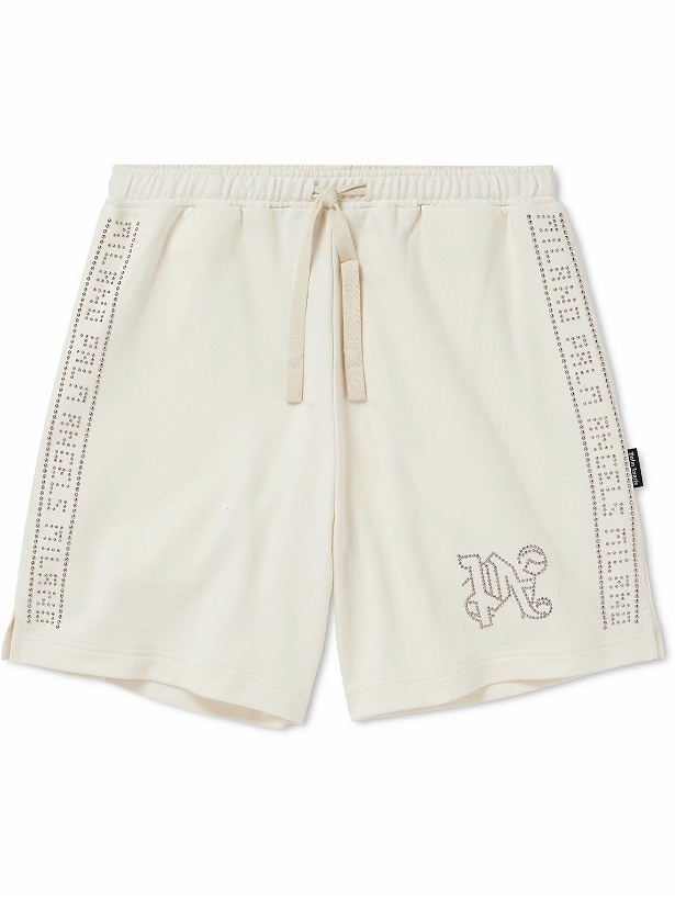 Photo: Palm Angels - Wide-Leg Studded Cotton-Jersey Drawstring Shorts - Neutrals