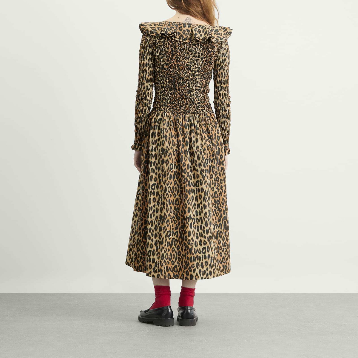 Damson Madder Women's Harper Shirred Midi Dress in Leopard