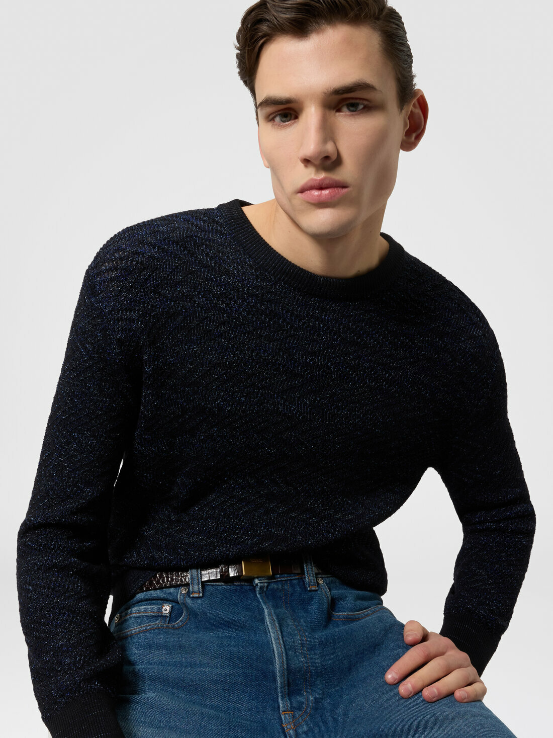 Missoni - Wool and viscose zig zag crewneck pullover, Men, Blue