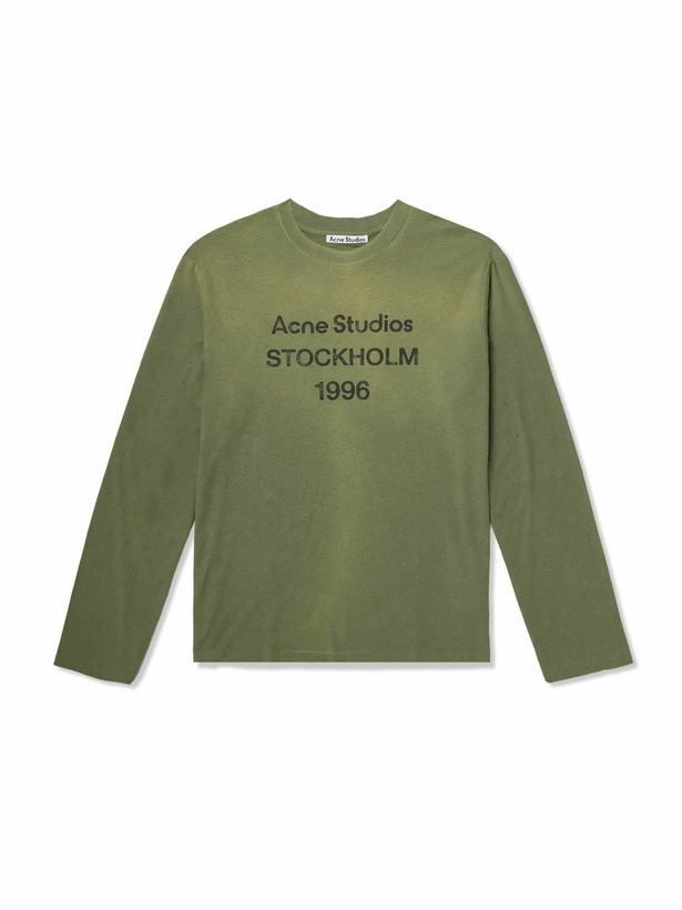 Photo: Acne Studios - Edden U 1996 Logo-Print Distressed Cotton and Hemp-Blend T-Shirt - Green