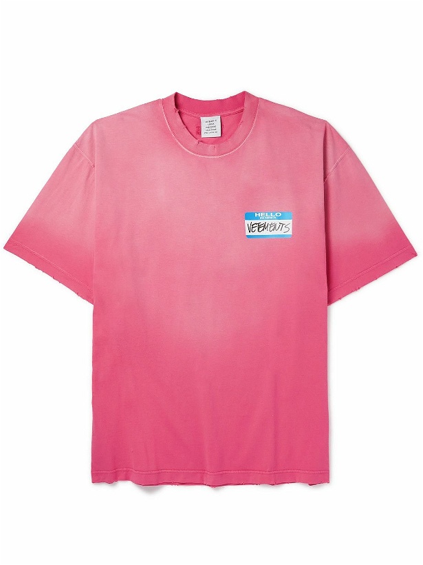 Photo: VETEMENTS - Oversized Distressed Logo-Print Cotton-Jersey T-shirt - Pink
