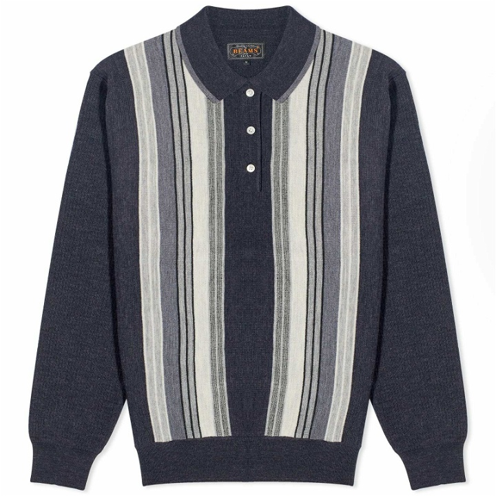 Photo: Beams Plus Men's Stripe Knit Long Sleeve Polo Shirt in Charcoal Grey