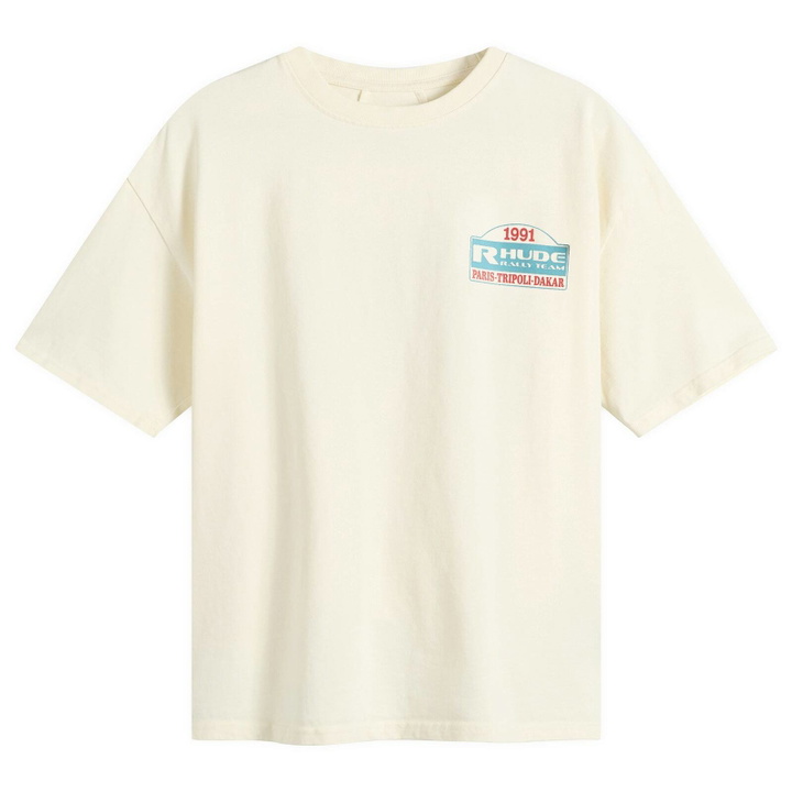 Photo: Rhude Men's Tripoli Rally Team T-Shirt in Vintage White/Yellow