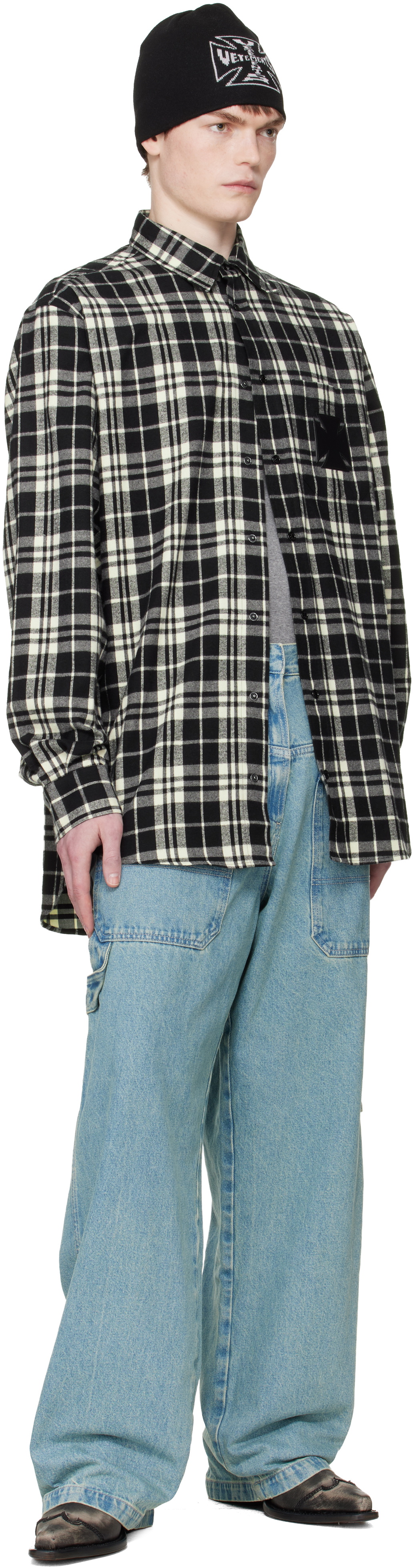 VETEMENTS Black & White Leather Cross Flannel Shirt