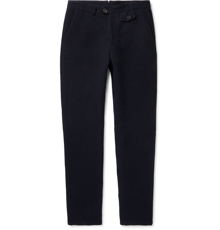 Photo: Oliver Spencer - Navy Fishtail Puppytooth Wool and Cotton-Blend Trousers - Blue