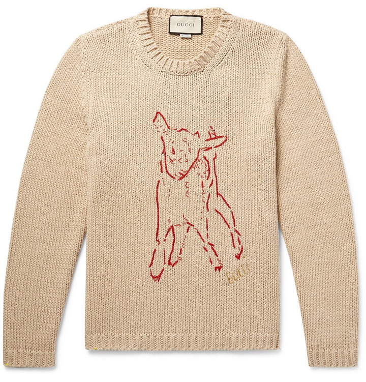 Photo: Gucci - Intarsia-Knit Ribbed Cotton Sweater - Men - Cream
