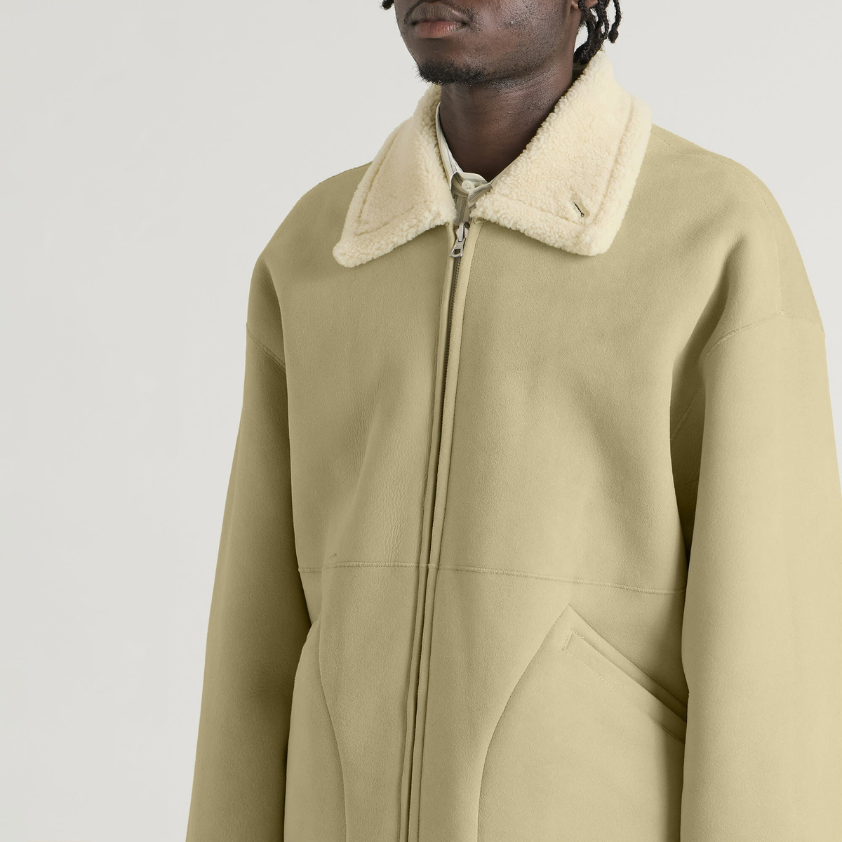 Auralee Men's Shearling Zip Blouson in Ivory Lime