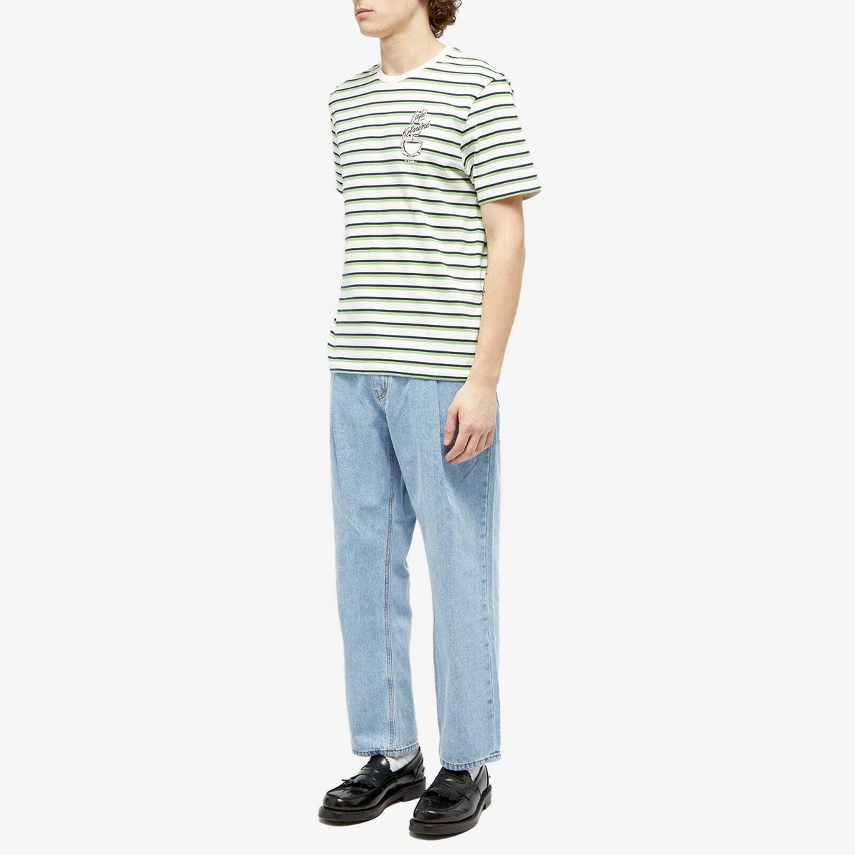 Maison Kitsuné Men's Cafe Kitsune Coffee Cup Printed Striped Regular T-Shirt in Navy/White/Fox Stripes