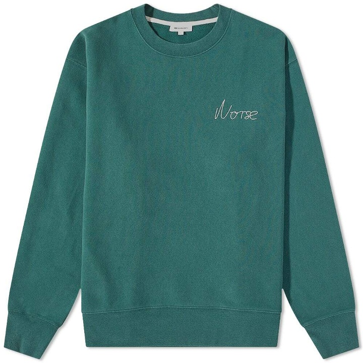 Photo: Norse Projects Men's Arne Chain Stitch Logo Crew Sweat in Dartmouth Green